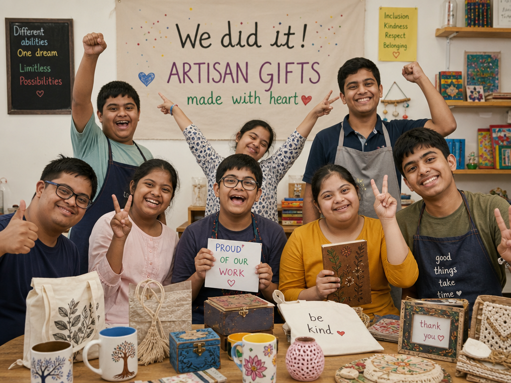 A joyful group of young artisans celebrating around a workbench full of handcrafted goods.