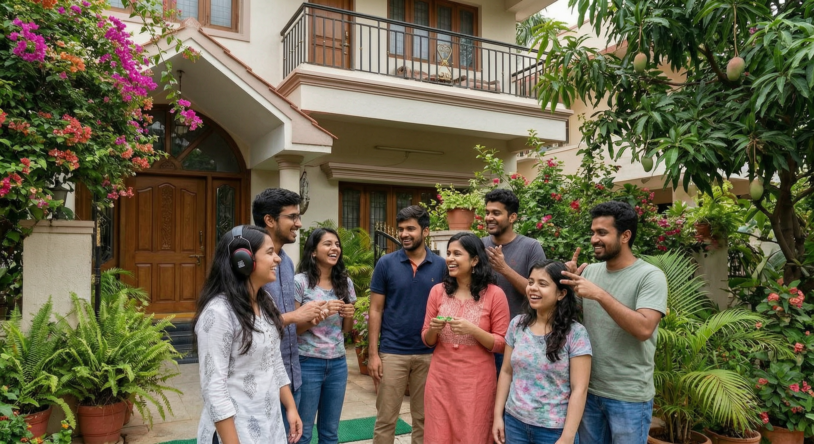 A joyful group of artisans and makers gathered outside a home, laughing together.