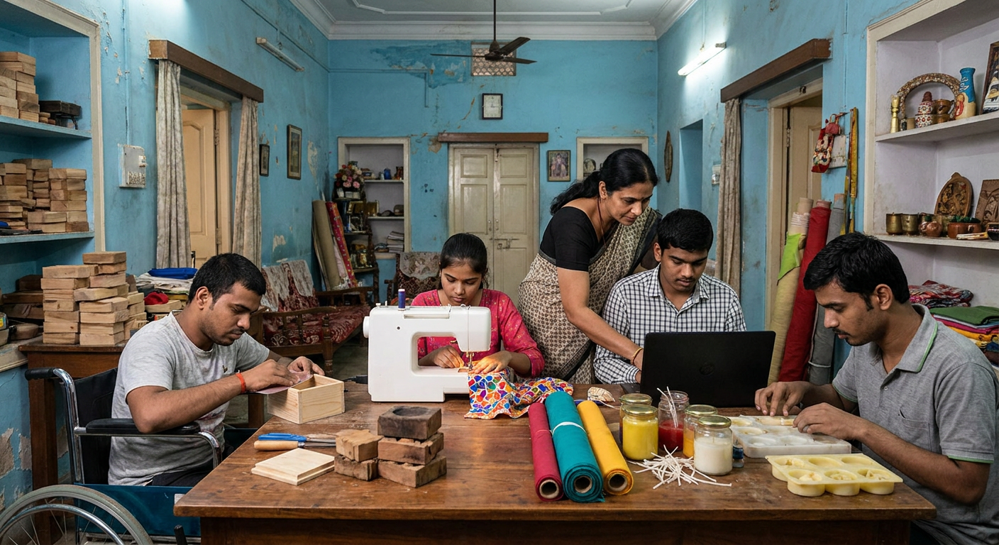 A team of artisans, including a wheelchair user, working together on woodcraft and textiles in a workshop.
